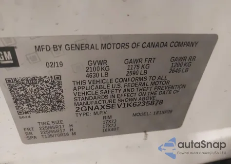 2019 Chevrolet Equinox Ls из США, поврежденный, VIN 2GNAXSEV1K6235878